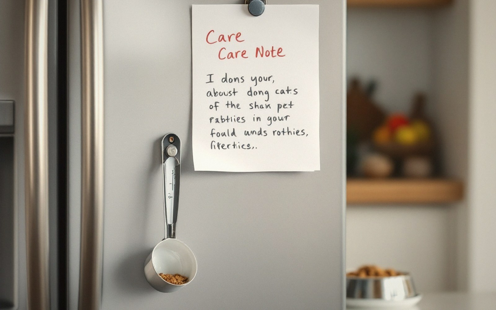 A handwritten pet care note taped to a fridge beside a measuring cup