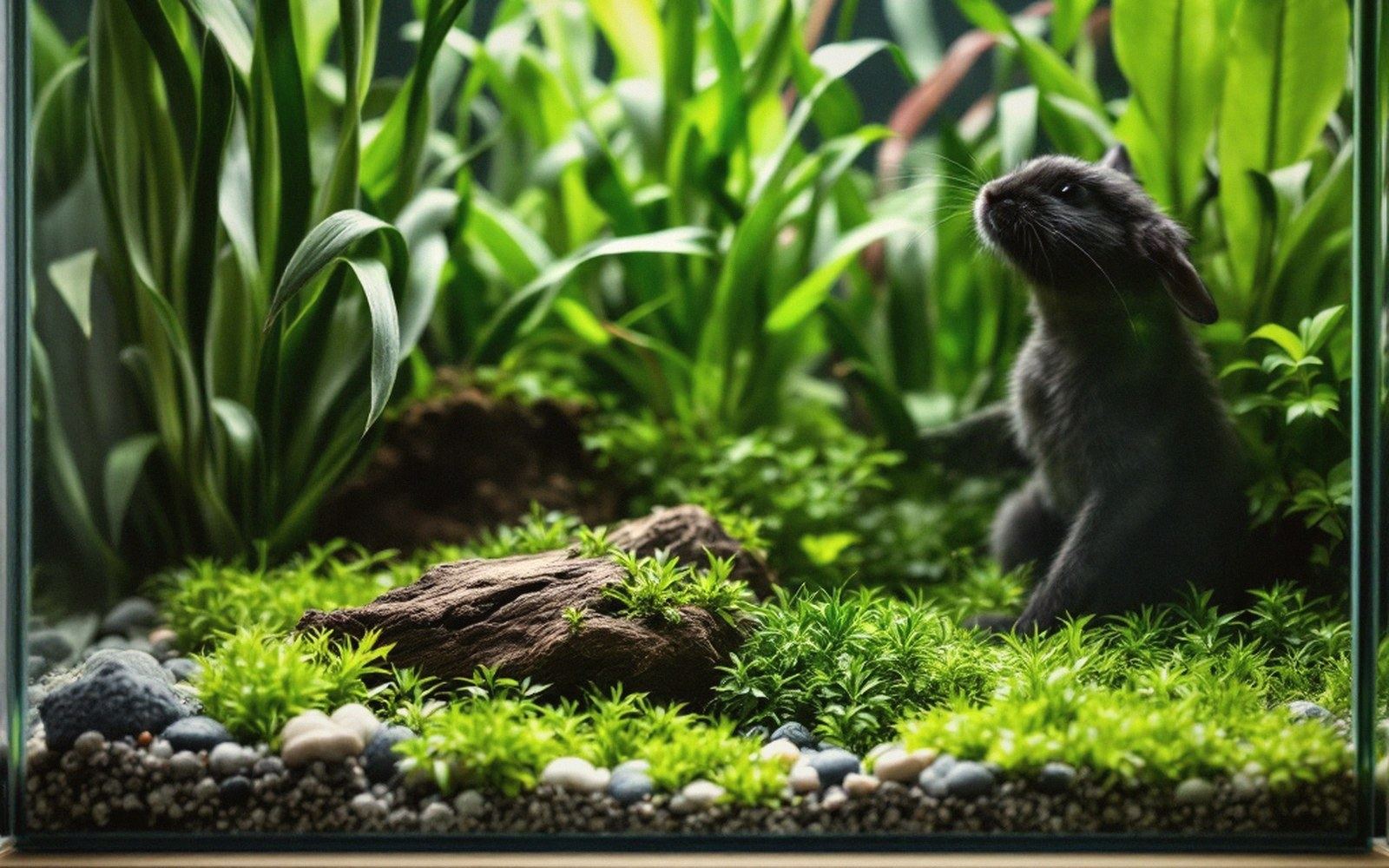 A small dark rabbit stands upright inside a heavily planted aquarium terrarium