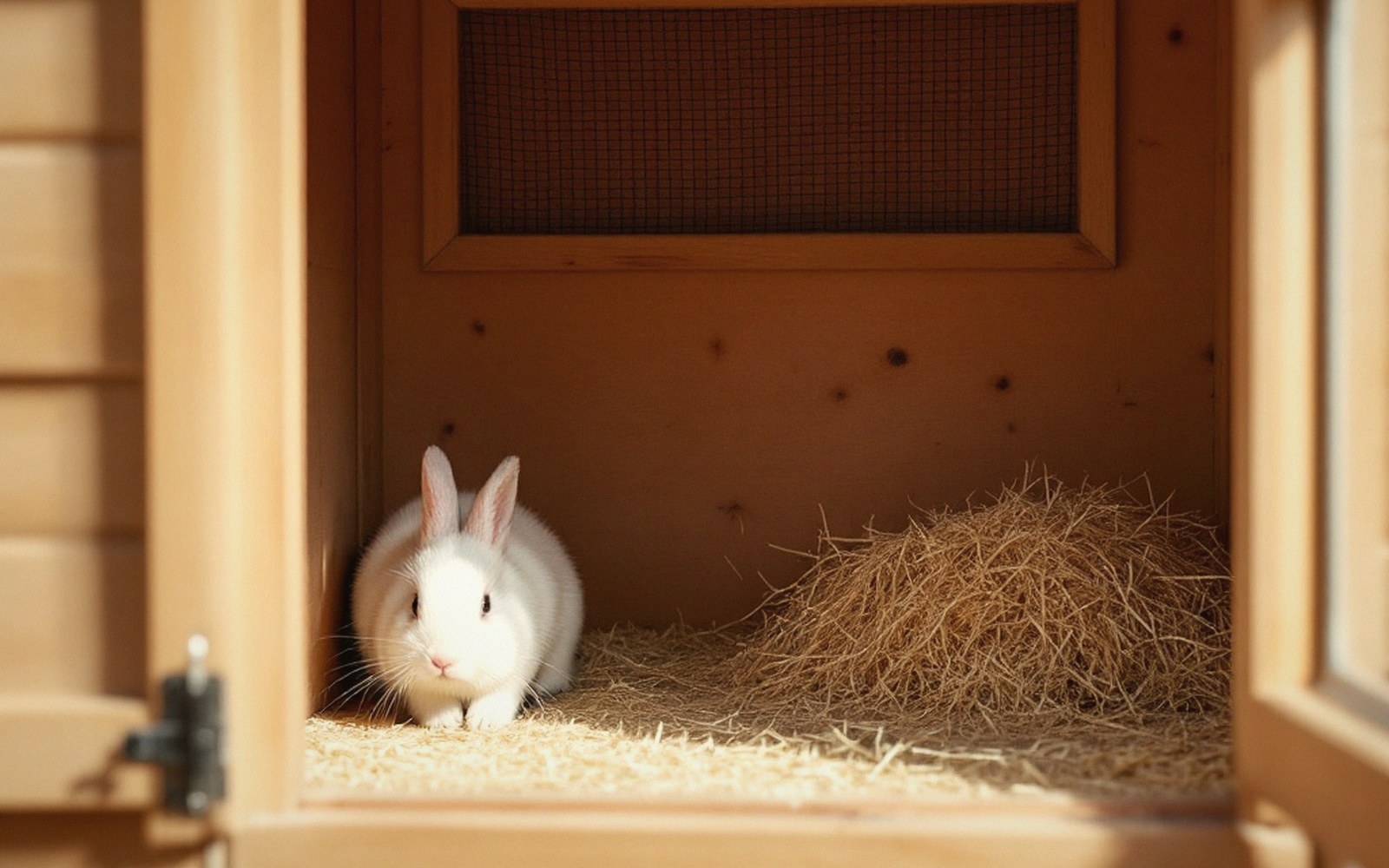 White rabbit sitting inside a wooden hutch beside a pile of hay