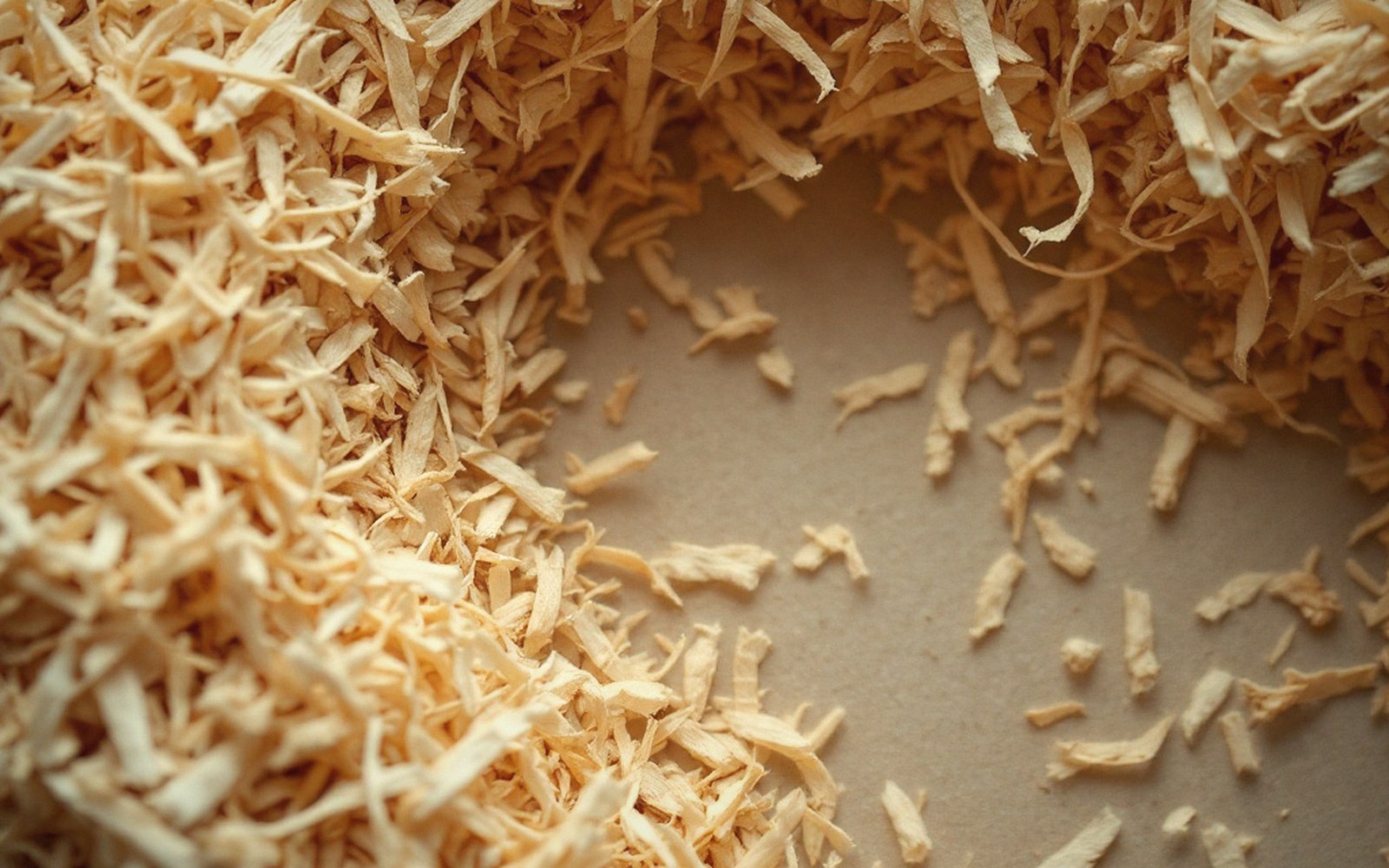 Wood shaving bedding forms a ring shape, thinning out toward the center