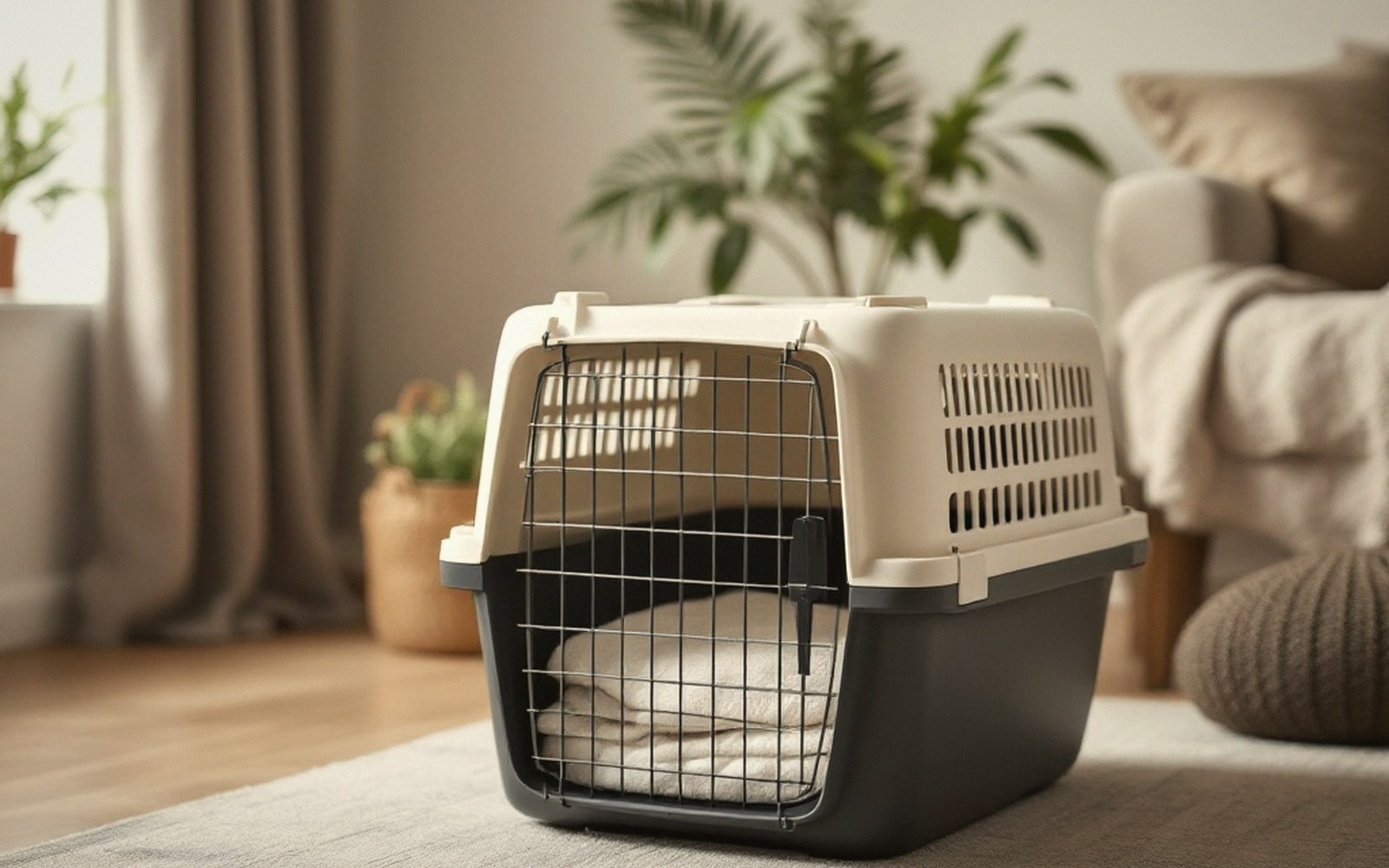 Empty pet carrier with wire door sits on living room floor near a sofa